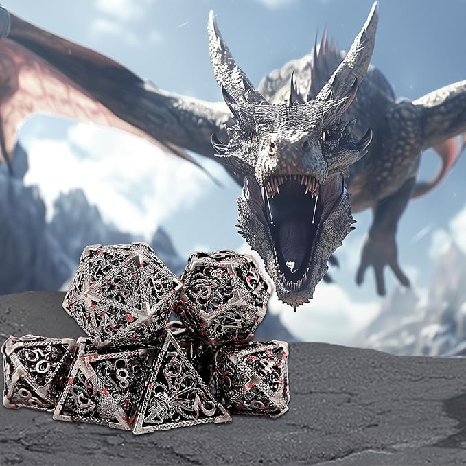 DaMohony Hollow Octopus Metal Dice Set, 7 PCS Polyhedral Dice Set with Metal Box for TRPG Board Games