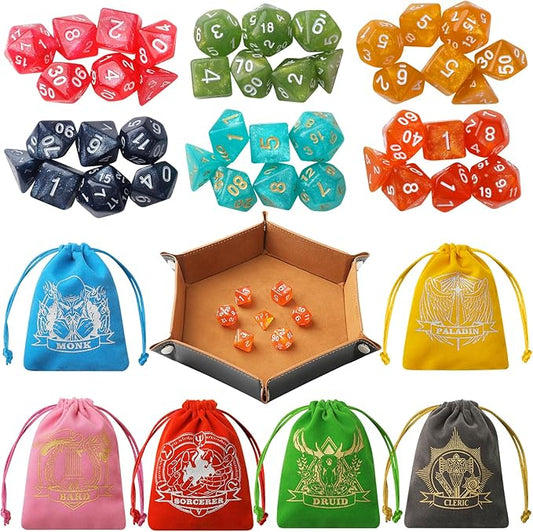 D&D Dice Set with Characters Pattern Dice Pouches, 42 Pcs polyhedral dice Set, PU Leather and Velvet dice Tray for Dungeons and Dragons D&D RPG MTG Table Games Nebula