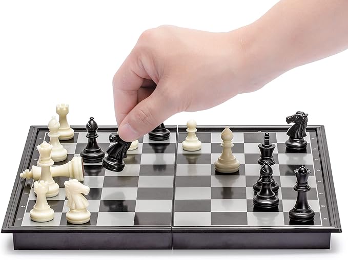 Yellow Mountain Imports Magnetic Portable Medium Chess Board Game Set (9.8 Inches) - Travel Chess Set with Folding Board and Felt-Bottom Chessmen