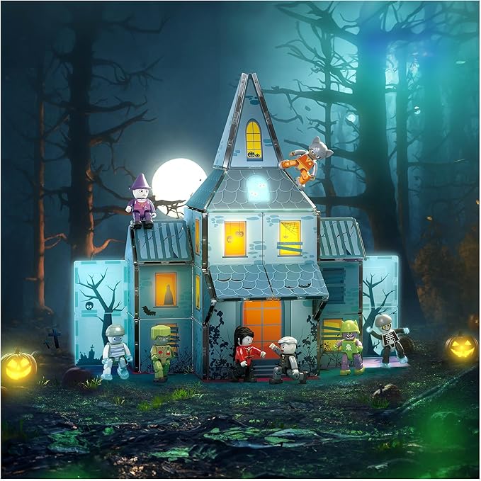 PicassoTiles Haunted House Theme Magnet Tile Building Blocks 8 Action Figures Magnetic Construction Toy Double Sided Printing Education STEM Learning Playset Halloween Adventure Kid Ages 3+ PTQ03