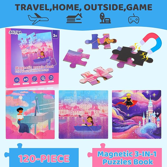 Magnetic Puzzles for Toddlers 3-5 Girls 120 Pieces Two-Book Travel Puzzles for Kids 4-6 Airplane Car Road Trip Activities Games Toys 3 4 5 6 7 8 Year Old Girls Gift