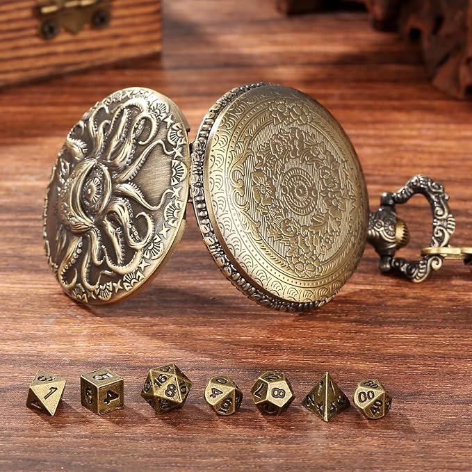 Mini DND Dice Set Steampunk One-Eye Octopus Pocket Watch Shell Case, 7-Piece Polyhedral Metal D&D Dice Set, DND Gifts with Gift Box, Role Playing Board Game Accessories Dice, Bronze