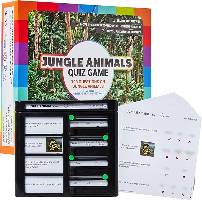 Quiz Device Game - Jungle Animals Trivia Quiz Game - 25 Cards - 200 Questions - Educational & Fun - Ideal Travel Games for Kids - Family Quiz Games - Portable Pack - Age 6+