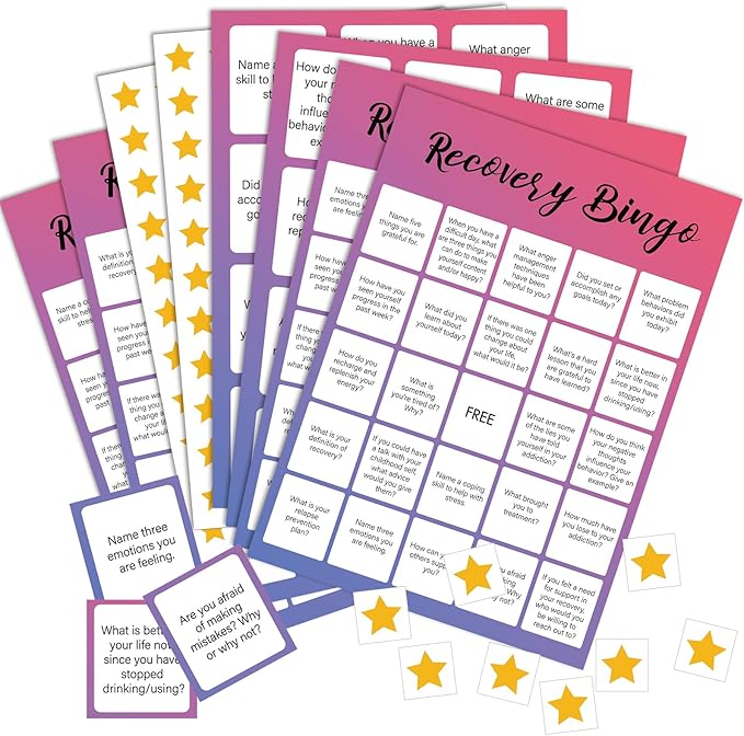 Faccito 33 Pcs Recovery Bingo Games with 24 Players Bingo Cards 7 Sheet Tearable Cross Chips 2 Calling Cards Questions Group Therapy Game for Adults and Family Vacation Holiday Party Favors