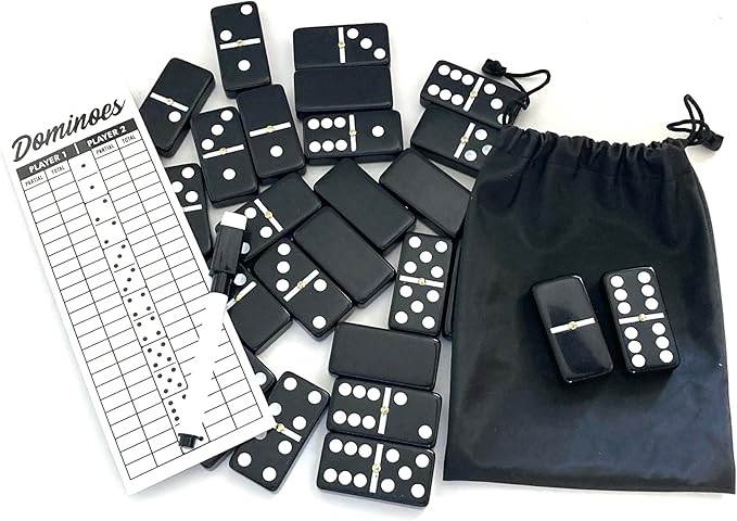 PRK 14 Double Six Dominoes Set Large Size with Reuseable Score pad & Pen Comes with Travel-Friendly Storage Bag Domino Set Black Color (02)