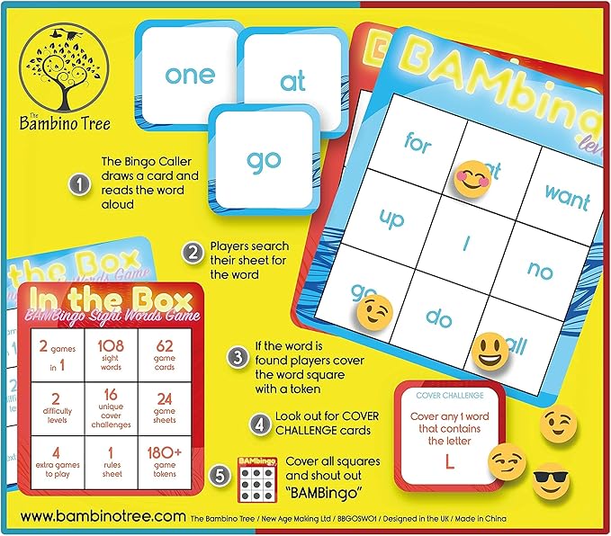 Sight Word Bingo Game Level 1 and 2 - Educational Games for Kids - Learn to Read Vocabulary for Kindergarten 1st Grade - Dolch's Fry's Words Lists