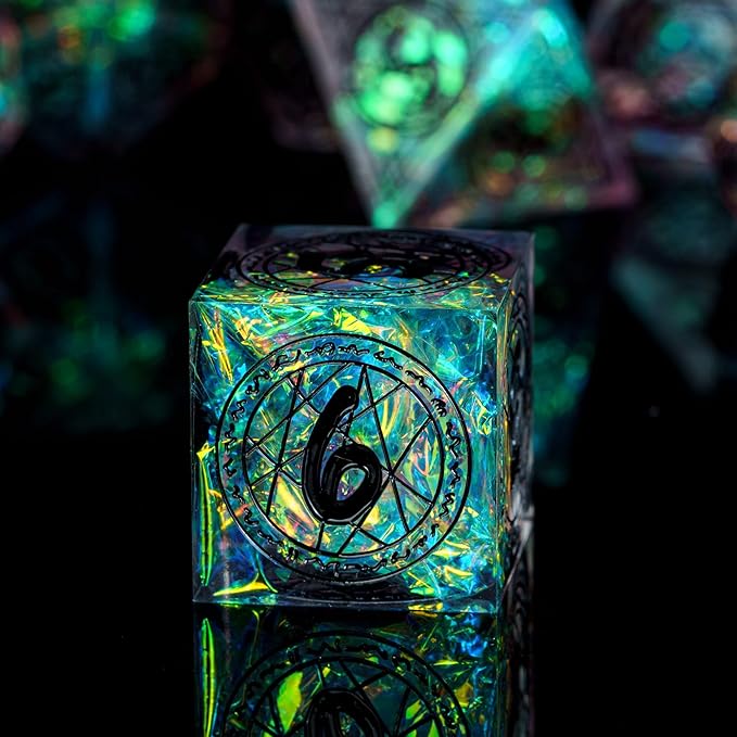 Cusdie 7-Die Sharp Edges DND Dice Set, Magic Circle Pattern Polyhedral D&D Dice Set for DND Dungeons and Dragons TTRPG Role Playing Games