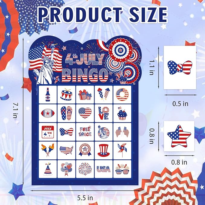 4th of July Bingo Game Cards for Kids Adults, 24 Players Patriotic Bingo Cards Independence Day Game for School Classroom Family Activities Patriotic Party Favors Supplies