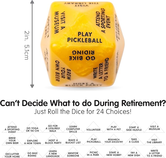 Retirement Dice - Fun Gift for Men and Women Retirement Ideas 2"x2"x2" Decision Dice in Yellow