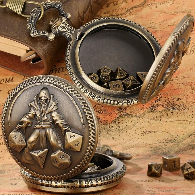 Mini DND Dice Set, Hand Held Dice Wizard Pocket Watch Shell Case, 7 Piece Polyhedral Metal D&D Dice Set, DND Gifts with Gift Box, Role Playing Board Game Accessories, Bronze