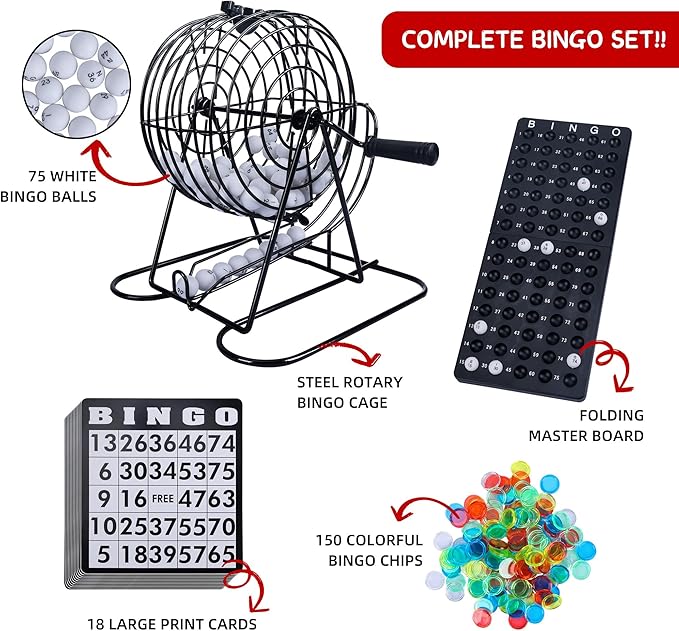 GOTHINK Bingo Game Set for Adults and Kids - Included 8" Metal Wheel Cage, 75 Calling Balls, Master Board, 18 Bingo Cards & 150 Colored Chips, Great for Fun Family Game Night, Large Groups, Parties