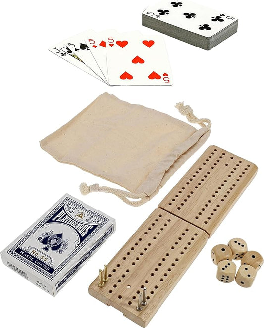 WE Games Travel Cribbage Board Game Set – Foldable 2-Track Mini Wooden Cribbage Board with Cards, Dice, Metal Pegs & Storage Bag – Portable Game