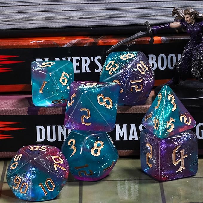 CiaraQ DND Polyhedral Dice Set for Dungeons and Dragons RPG MTG Role Playing Table Games-with 1 Dice Pouch (Blue + Purple + Glitter)