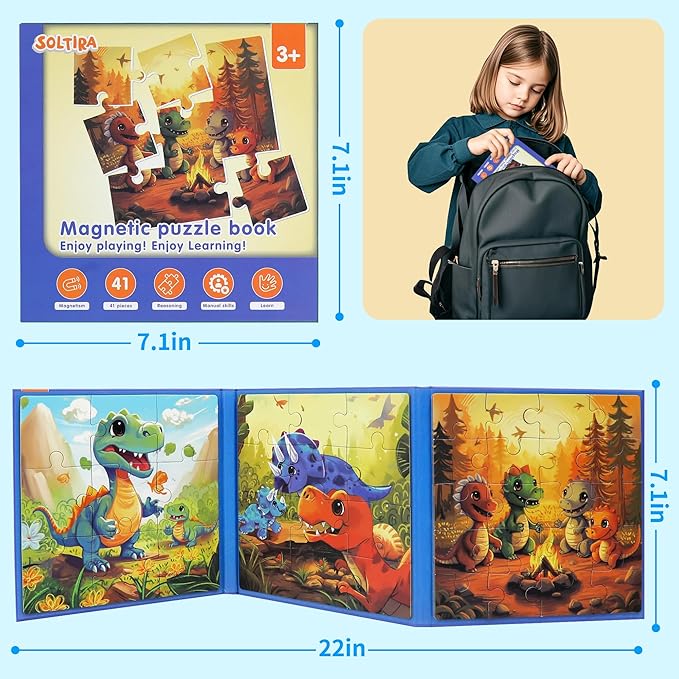 Magnetic Puzzles for Toddlers 3-5 41 Pieces Dinosaur Puzzles for Kids Ages 4-6 Travel Jigsaw Puzzle Airplane Car Road Trip Activities Games Toys Kids Gift