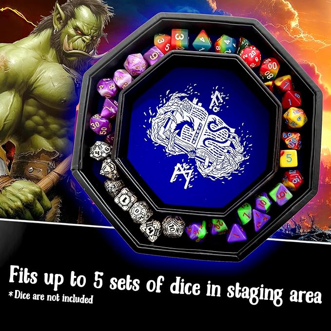 Blue Dragon Dice Tray with Spell Book Print – 9" Octagon with Lid and Dice Staging Area, Holds 5 Dice Sets – Perfect for D&D, Call of Cthulhu, Shadowrun, and All Tabletop RPGs