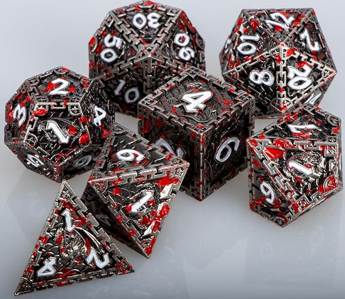 ARUOHHA Metal DND Dice Set with Gift Box, Dragon Design Blood Polyhedral Dice Role Playing Game Handmade D and D Dice Set D20 D12 D10 D8 D6 D4