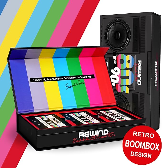 Mojo Games, Rewind, Back to The 80's and 90's Music Trivia - Nostalgic Pop Culture, Rock, Pop and Hip Hop Card Game for Family and Friends Game Night (Music Trivia)