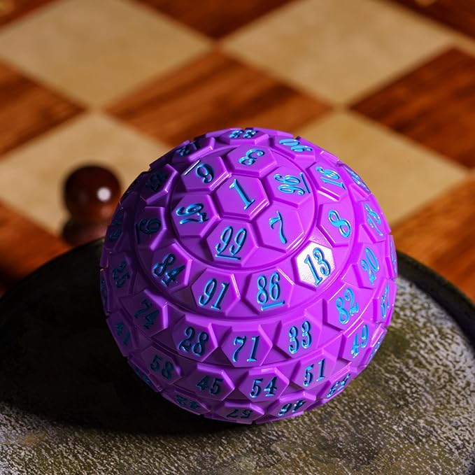 100 Sided Polyhedral Dice, Single D100 Game Dice, 100 Sided Cube with Black Pouch, D100 die 48 mm (Purple with Blue Number)