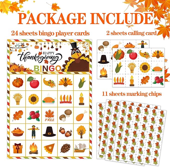 MISS FANTASY Thanksgiving Bingo Game for Kids Party 24 Players Bingo Cards Fall Party Favors Family Activities for Children School Home