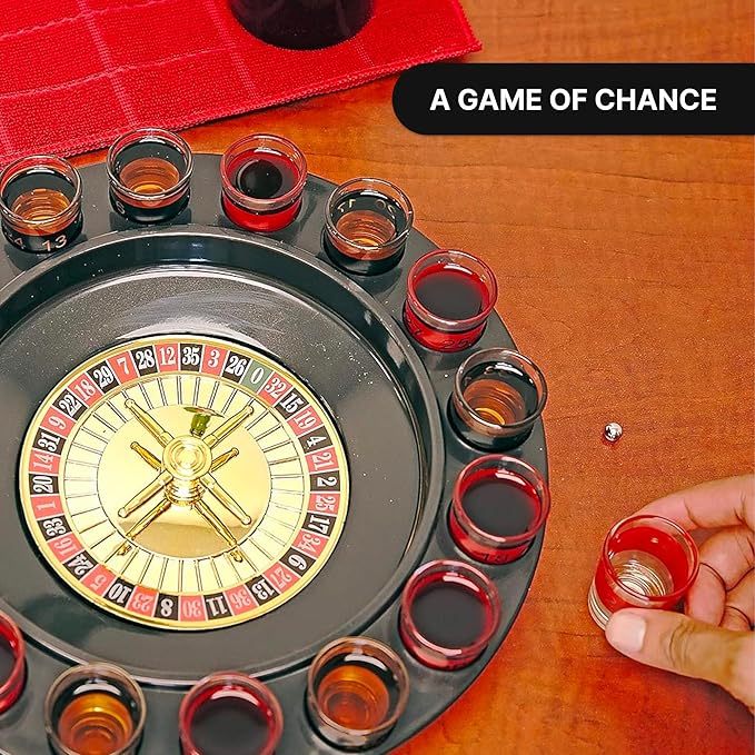 Shot Glass Roulette Drinking Game – 16-Piece Red/Black Set with 2 Metal Balls, Fun Adult Party Game for White Elephant, Game Nights, and Gifts