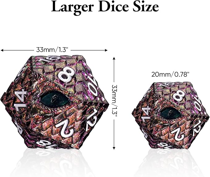 Dragon Eye Scale DND Metal Dice,33mm 20 Sided Giant D20, Large Polyhedral Dice, D&D Metal Dice Set for Dungeons and Dragons, RPG, MTG & Tabletop Games(Glitter Purple with Green Eye)