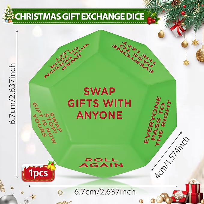Santa Swap Gift Exchange Dice,2025 New-Exchange Game 12 Different Sides Party Gift Large Dice for Family Friends Holiday Party (1Pcs)