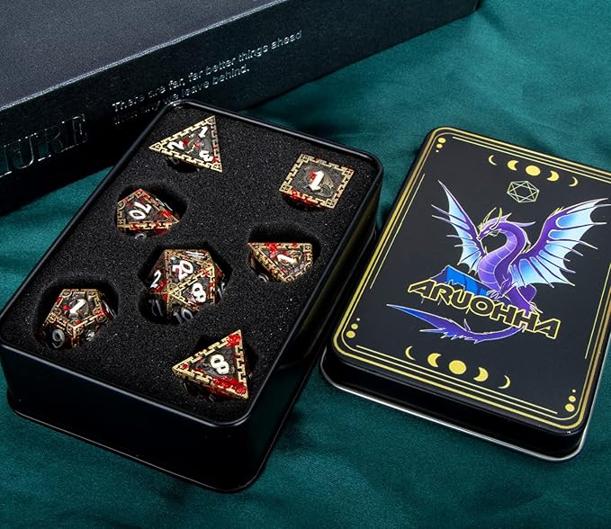 ARUOHHA Metal Blood DND Dice with Gift Box, Bronze Dragon Design Large Polyhedral Dice RPG Role Playing Games D and D D20 D12 D10 D8 D6 D4