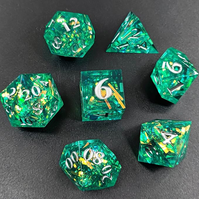 Futhark Green Extravaganza DND Dice: Shiny Polyhedral Resin Dice for Dungeons & Dragons, RPGs, and Board Games – 7 Piece Sharp Edge DND Dice Set with Case