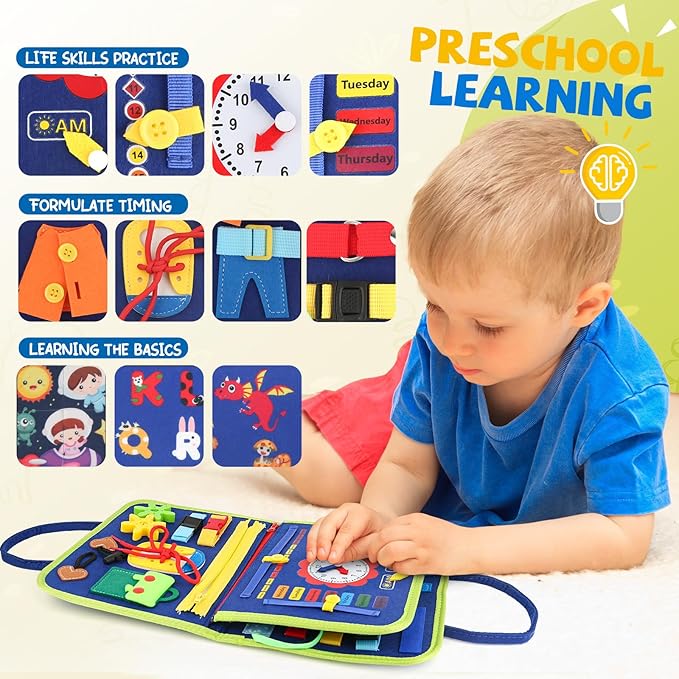 Montessori Busy Board Toys, Sensory Board for Toddlers 1-3, Travel Felt Busy Book for Airplane Car, Activity Busy Mat for Learning Fine Motor Skills Suits Boys Girls Birthday Gifts Blue/P1