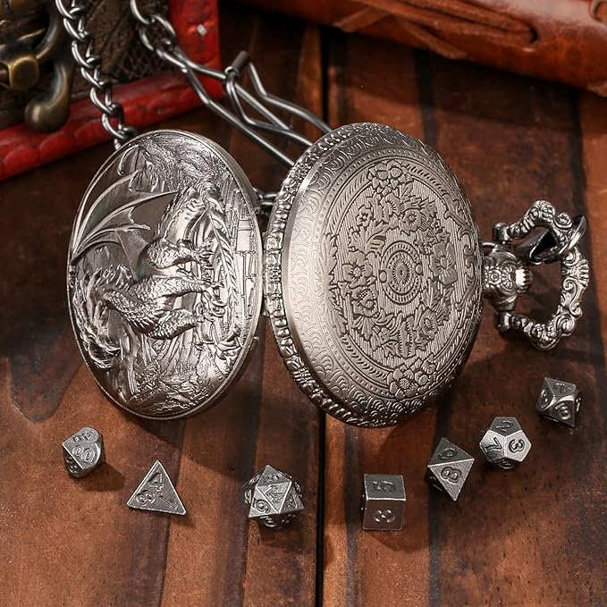 Mini DND Dice Set with Steampunk Dragon Pocket Watch Shell Case, 7pcs Polyhedral Metal DND Dice Set, DND Starter Set, D&D Gifts with Dragon Logo Gift Bag, Role Playing Board Games Accessories, Silver