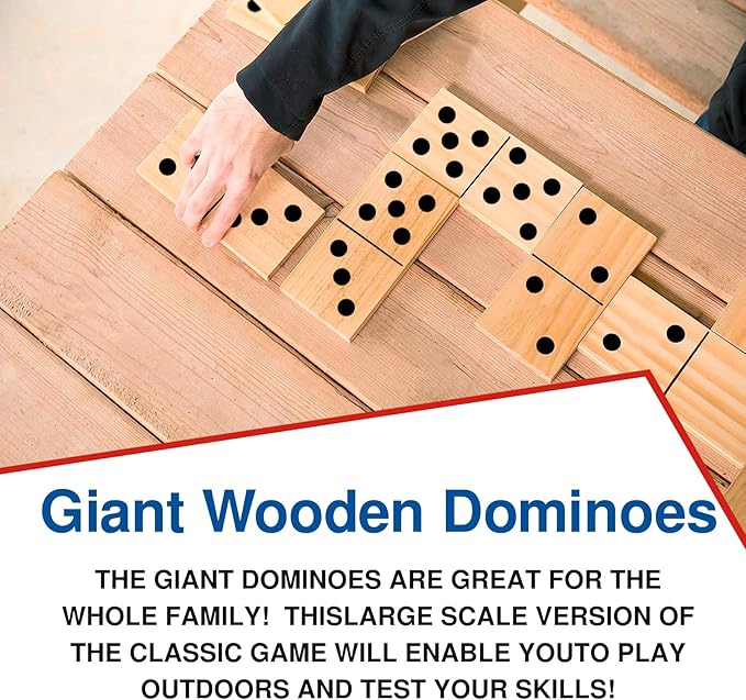 GOTHINK Giant Wooden Dominos Set for Adults and Kids,28pcs Jumbo Natural Wood Black-Dot Dominoes Tiles for Birthday/Holiday Family Party Games,Outdoor Camping Lawn and Backyard Activities 2-4 Players