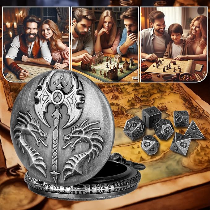 Mini DND Dice Set with Double Headed Dragon(Top Double-Sided Axe) Pocket Watch Case, 7-PCS Polyhedral Metal D&D Dice, DND Gifts with Gift Box, Role Playing Game Board Game Accessories Dice, Silver