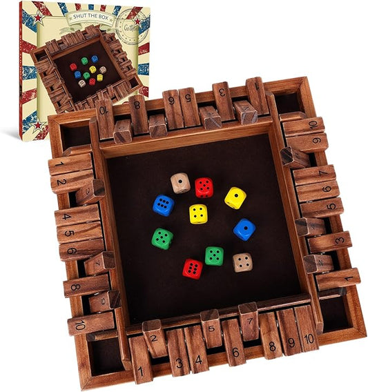 GOTHINK Shut The Box Dice Game, 2-4 Player 11.5-inch Wooden Board Table Math Game with 10 Dices - Math & Decision Skills for Adults/Kids, Perfect for Home Class Parties & Pubs - Classic Tabletop Fun