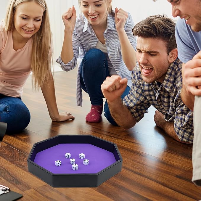 Dice Rolling Tray, Purple Felt Lined PU Leather Octagon Dice Tray for Dungeon Crawler Games