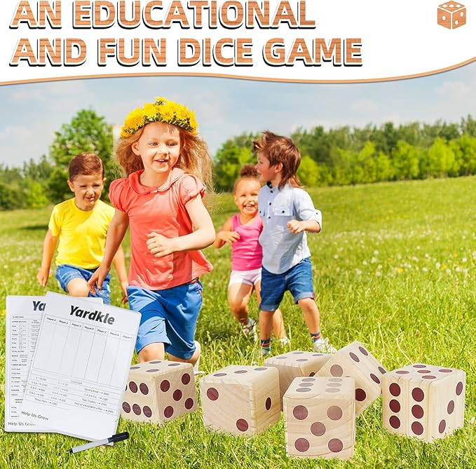 Giant Yard Dice Game Set,Wooden Classic Yard Game 3.5",Lawn Game with 2 Double Sided Scoreboard, 2 Dry Erase Marker Pens and Durable Storage Bag
