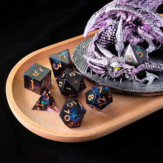 DND Dice Set Resin Sharp Edge Dice Set Handmade 7pcs Polyhedral Dice Set DND RPG MTG Role Playing Game Dice Set D&D Dice with Gift Case for DND Dungeons and Dragon (Light-Black)