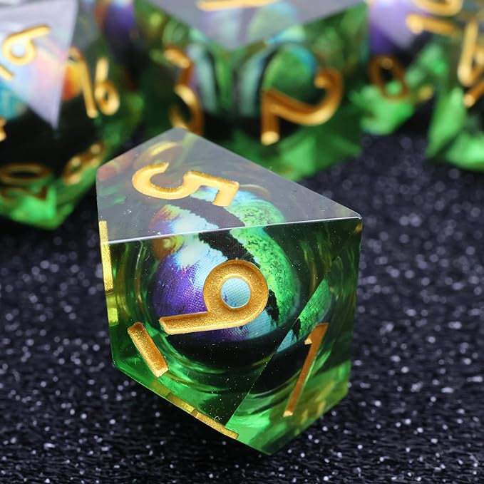 DND Dragon Eye Dice Liquid Core Set 7PCS Handmade Sharp Edge Resin Dice for Dungeons and Dragons Table Games with Gift Case