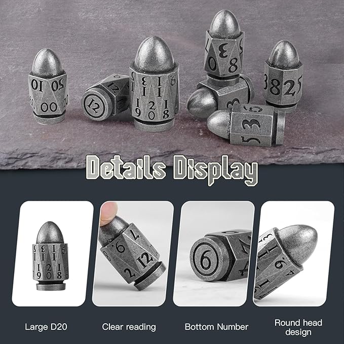 Bullet Dice Set - 36MM Large D20 for Dungeons and Dragons, 7PC Role Playing Game Dice With Cyberpunk Theme for Warhammer War Crime (Antique Silver)