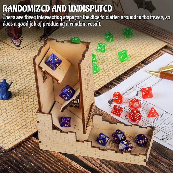 Castle Dice Tower with Tray Wood Laser Cut Dragon Carving Easy Roller Perfect for Board Game, D&D and RPG (Castle)