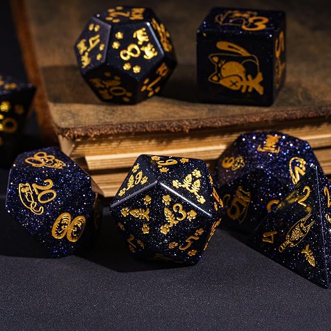 UDIXI Gemstone DND Dice Set Blue Sandstone Dice with Cute Cat Pattern, Stone Dice for Dungeons and Dragons Tabletop Game