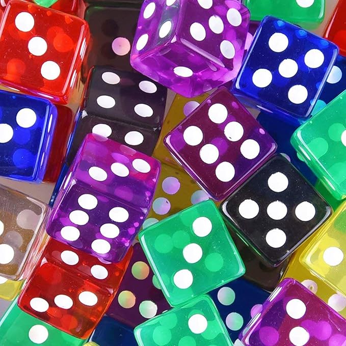 AUSTOR 50 Pieces Game Dice Set 5 Translucent Colors Square Corner Dice for Tenzi, Farkle, Yahtzee, Bunco or Teaching Math with Velvet Pouch