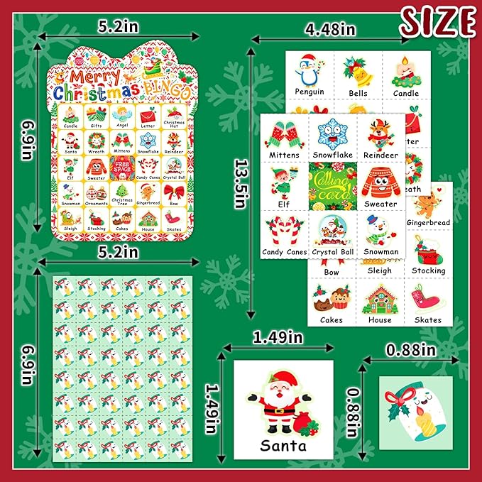39Pcs Christmas Bingo Cards, 24 Players Cute Christmas Bingo Game for Kids Adults Party Supplies Family Games Activities Xmas Festival