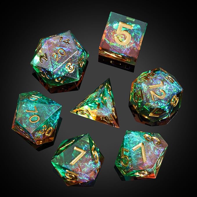 7PCS DND Dice Set,Handmade Sharp Edge Dice Set D&D RPG Polyhedral Die,for Dungeons and Dragons TTRPG Games Roleplaying Games Pathfinder,with Gift Box(Green with Brown)
