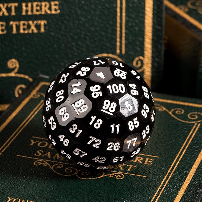 Upgraded 100 Sided Dice, 50mm Polyhedral D100 Die, D&D Game Dice, Cube with Metal Storage Tin (Black/White Font)