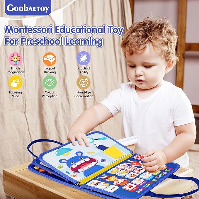 Montessori Busy Board Boy, Toddler Toys for 1 2 3+ Year Old Boy, Toddler Busy Book Educational Learning Sensory Activity Toys for Road Airplane Travel Toys for Kids with Autism