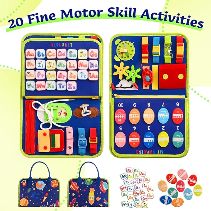 TenFans Montessori Busy Board | 1-4 Year Old Toddler Learning Toy | Fine Motor Skills Development | Montessori Sensory Playset | Early Childhood Education Tool | Portable Travel Preschool Activity Kit