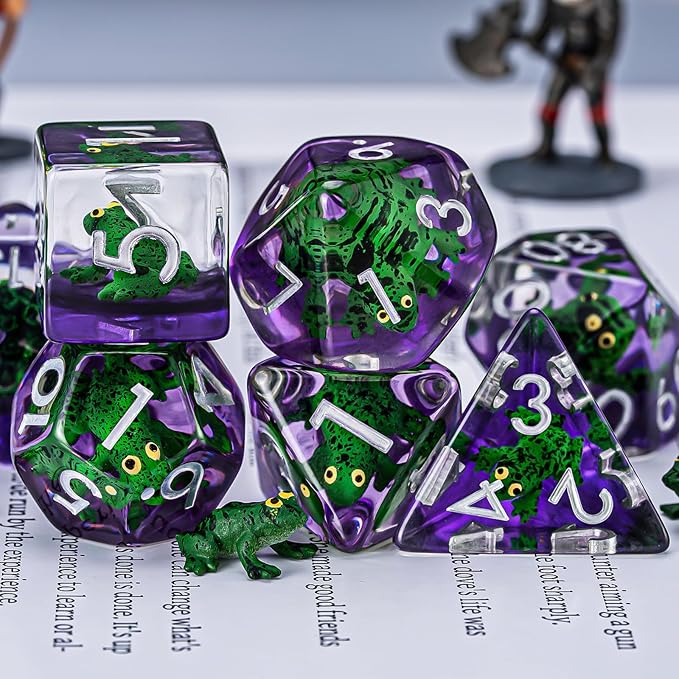 Resin D&D Dice Set, Green Frog Animal Polyhedral Dice for Dungeons and Dragons, RPG, MTG DND 7-DIE (D4, D6, D8, D10, D12, D20, D%)