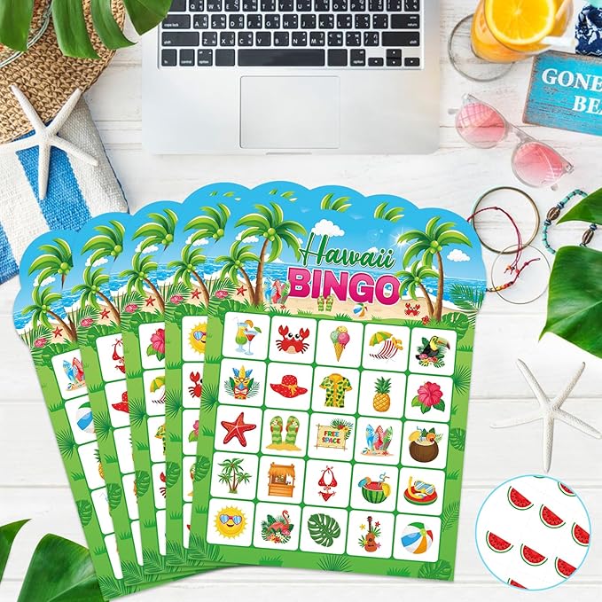 Summer Bingo Game Cards for Kids Adults, 24 Players Tropical Hawaiian Bingo Cards for School Classroom Family Activities Summer Party Favors Supplies