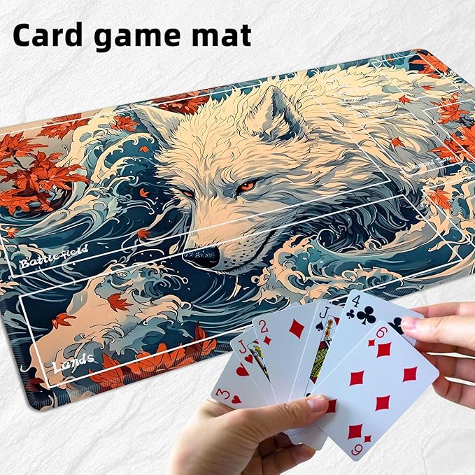 for MTG Playmat with Zones Storage Bag,for TCG Playmat and Playing Card Mat for Magic Board Games, Wolf Maple Leaf Non Slip Stitched Edges Game Mat, Rollable Foldable Card Playmats