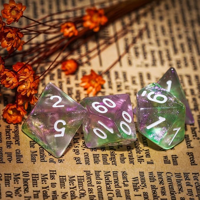 7-Die DND Dice Set Polyhedral Dice Set with a Leather Dice Bag, D&D Dice Set for Dungeons and Dragons, RPG, MTG Table Games (Green Pink/Glitter)